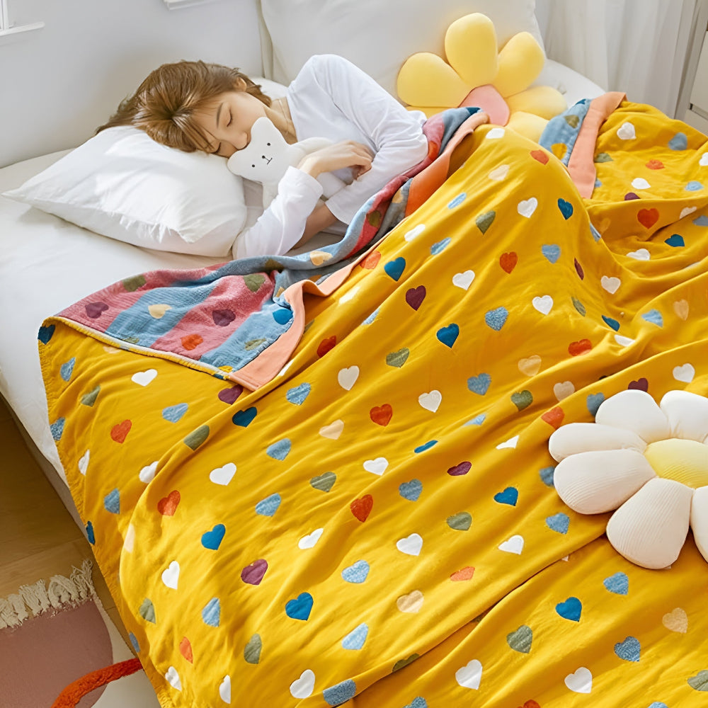 HeartJoy: Cotton Blankets in Reversible Style with Colorful Heart Print & Soft Texture – for Sofa & Bed