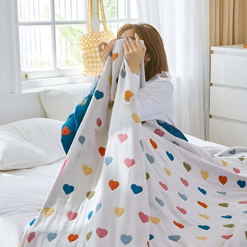 HeartJoy: Cotton Blankets in Reversible Style with Colorful Heart Print & Soft Texture – for Sofa & Bed