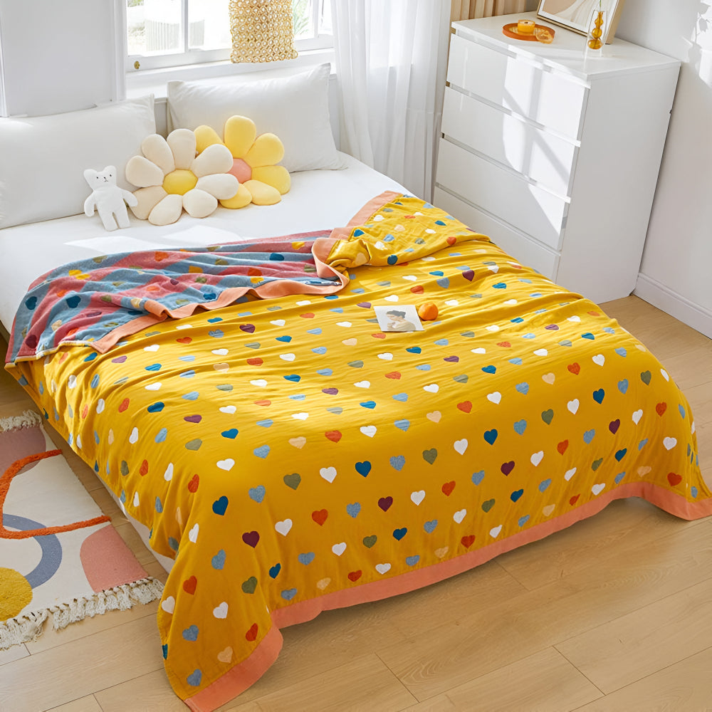 HeartJoy: Cotton Blankets in Reversible Style with Colorful Heart Print & Soft Texture – for Sofa & Bed