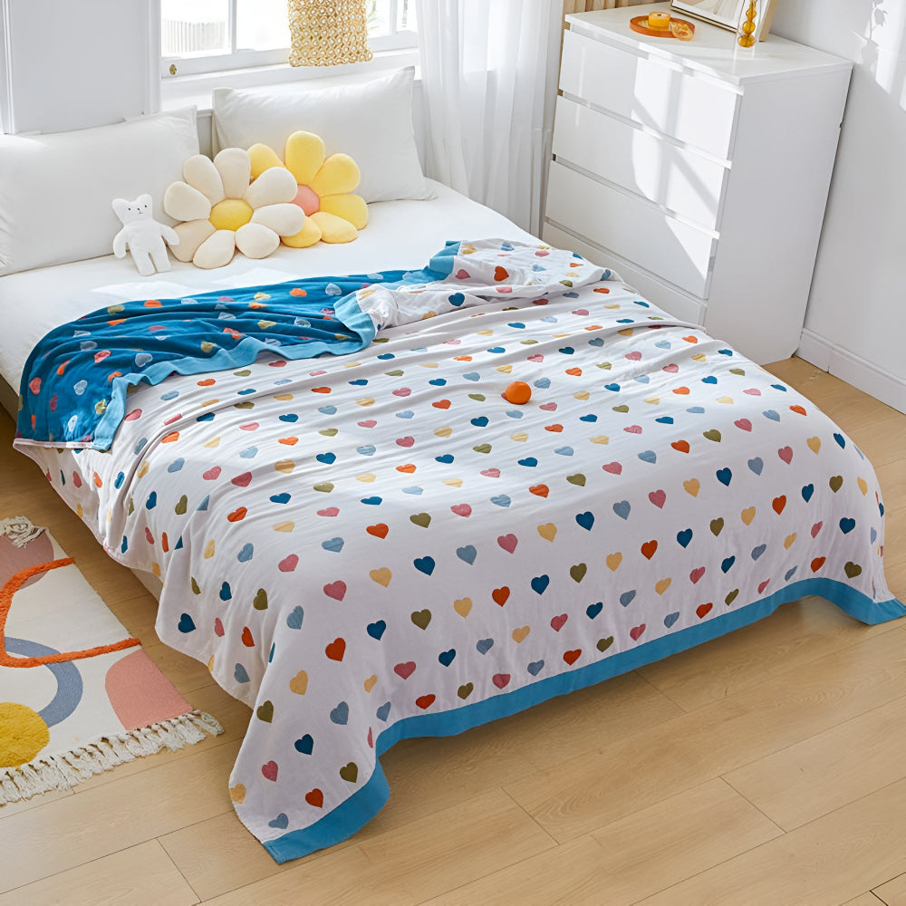 HeartJoy: Cotton Blankets in Reversible Style with Colorful Heart Print & Soft Texture – for Sofa & Bed