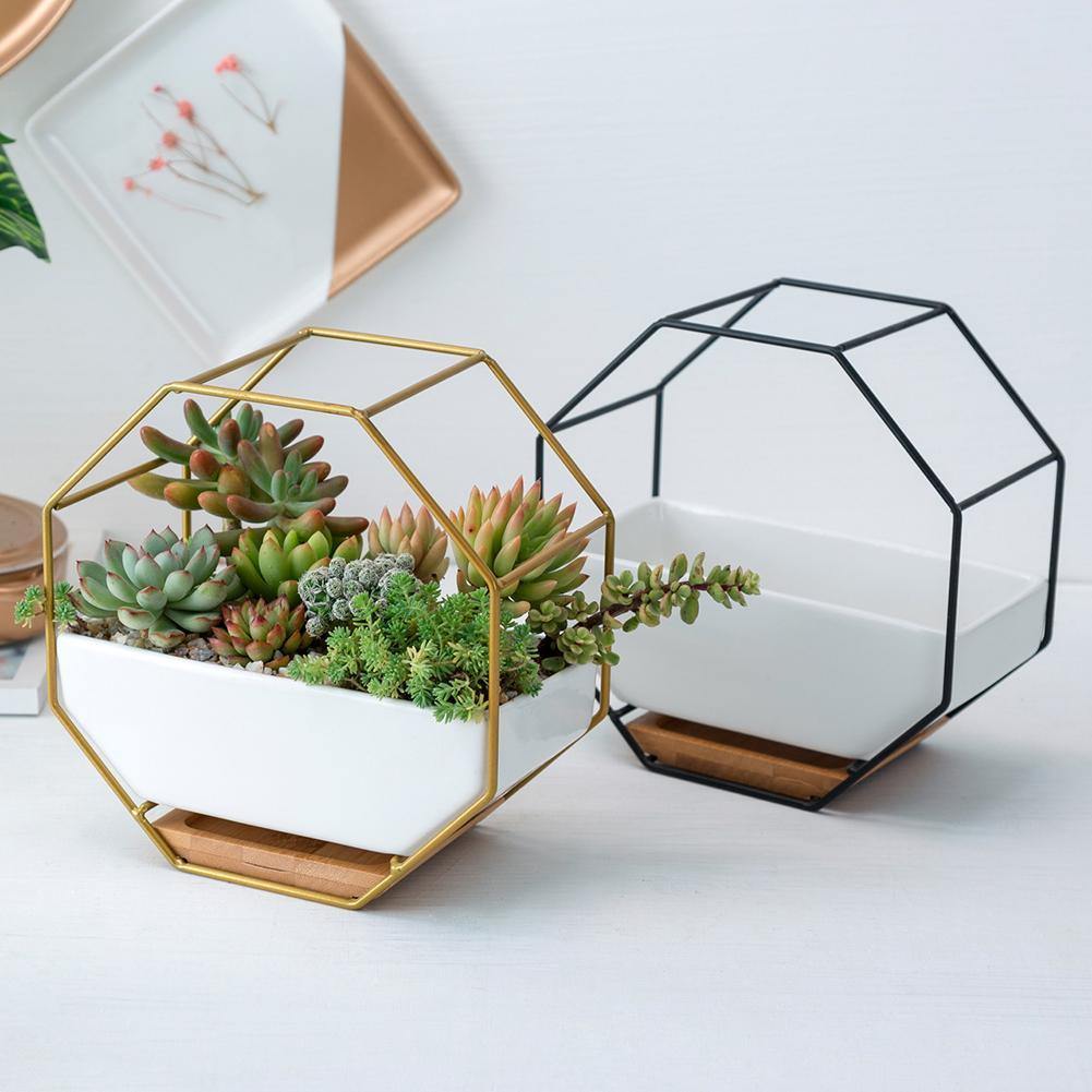 Ceramic Wall Planter with Geometric Iron Frame and Bamboo Tray