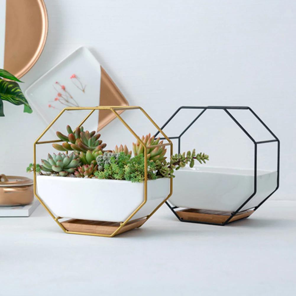 Ceramic Wall Planter with Geometric Iron Frame and Bamboo Tray