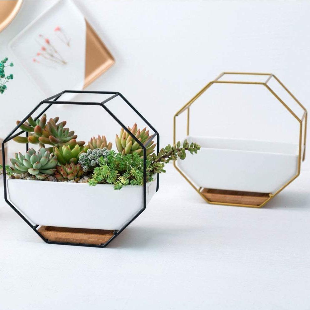Ceramic Wall Planter with Geometric Iron Frame and Bamboo Tray