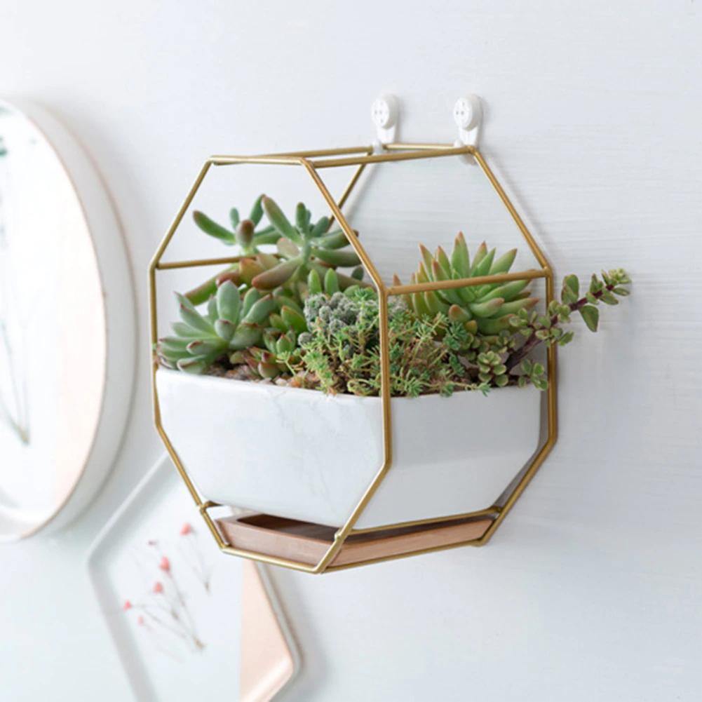 Ceramic Wall Planter with Geometric Iron Frame and Bamboo Tray