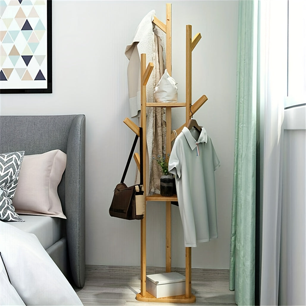 WoodBalance: Freestanding Coat Rack – Elegant Bamboo Frame with Rotating Function, Compact & Decorative for Hallway & Living Room