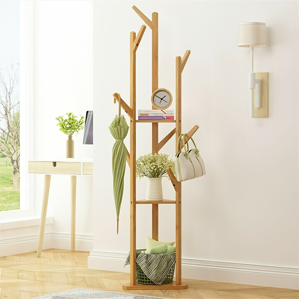 WoodBalance: Freestanding Coat Rack – Elegant Bamboo Frame with Rotating Function, Compact & Decorative for Hallway & Living Room