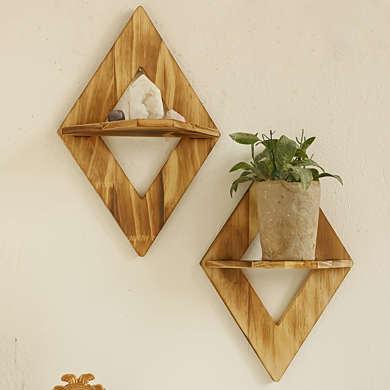 CharcoalRustic: Wooden Wall Shelf – Decorative, Floating & Hanging in Country Style with Diamond Design for Bathroom & Kitchen