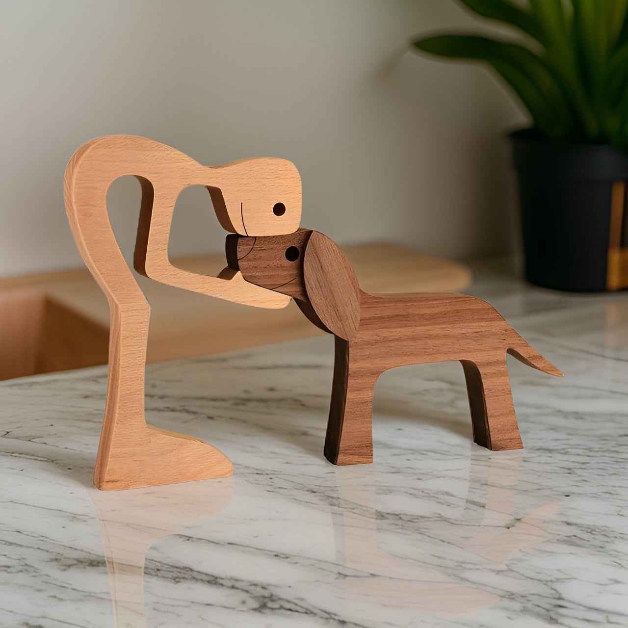 Bento Houten Sculptuur | Minimalistisch Design, Symbolisch Mens-Hond