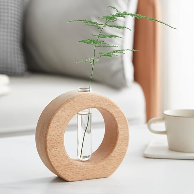 Hydroponic Test Tube Vase, Wood and Glass, Circular Frame, Single Tube