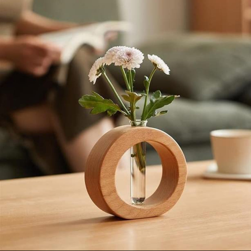 Hydroponic Test Tube Vase, Wood and Glass, Circular Frame, Single Tube
