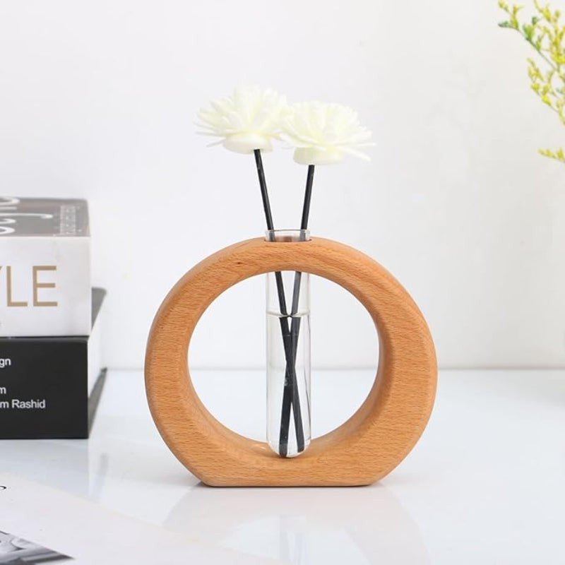 Hydroponic Test Tube Vase, Wood and Glass, Circular Frame, Single Tube