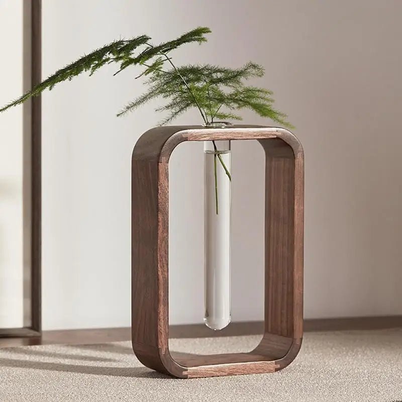 Glass Test Tube Vase with Wooden Frame, Transparent Glass, Tabletop Display
