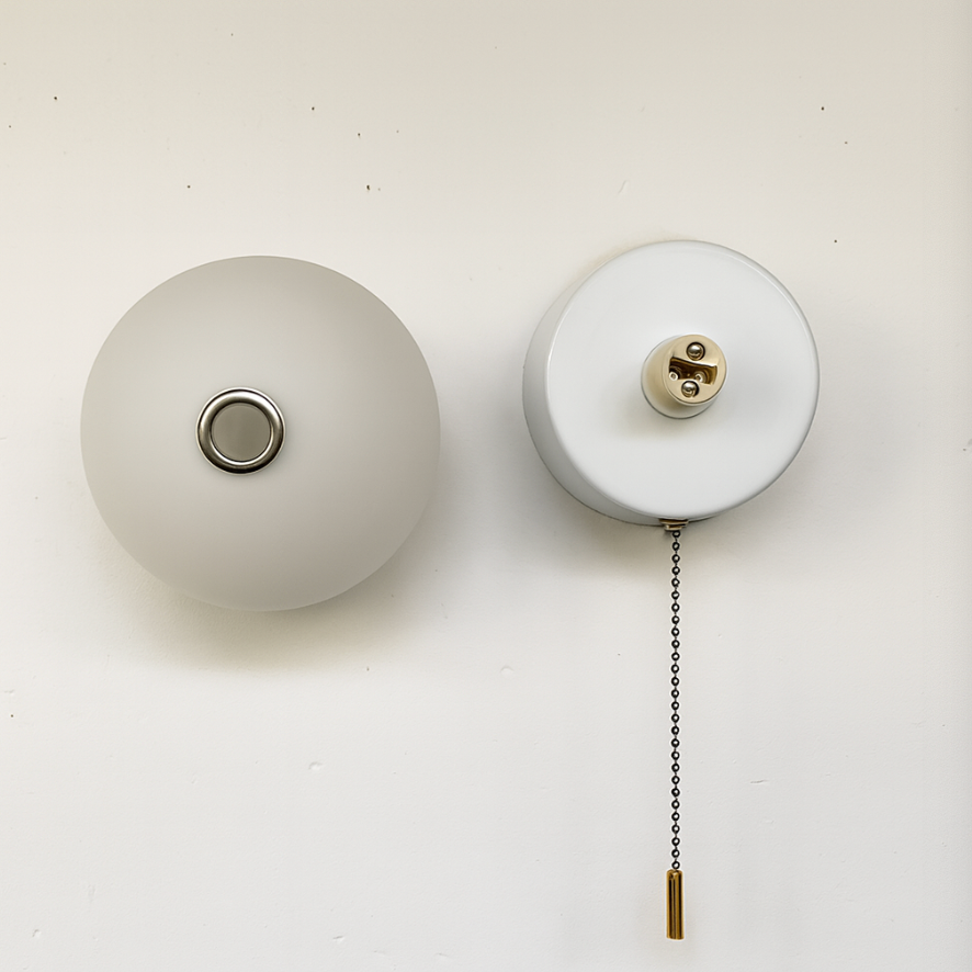 HyggeGlow: Scandinavian Wall Light Matte Glass Round with LED & Pull Cord – for Living Spaces & Hallways