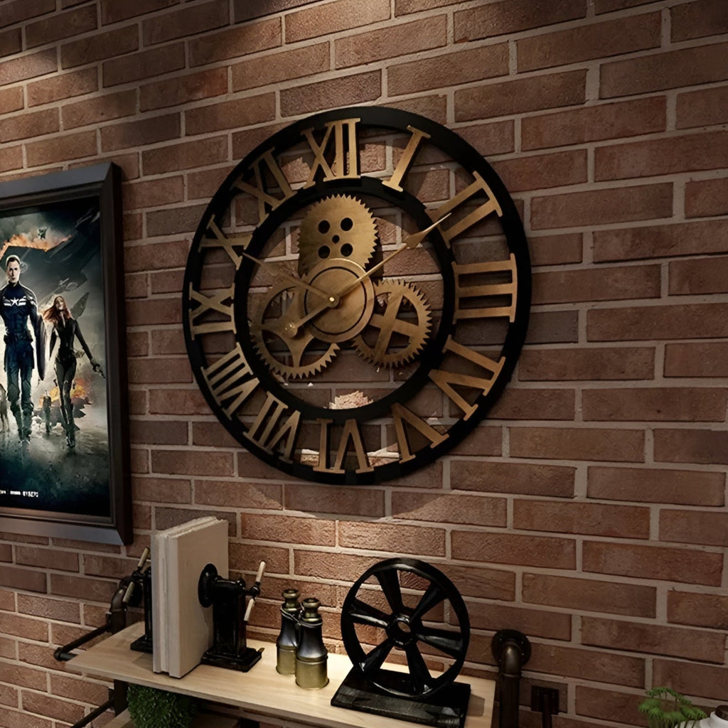 Wall Clock Decorative Industrial Style Metal Finish Gear Design