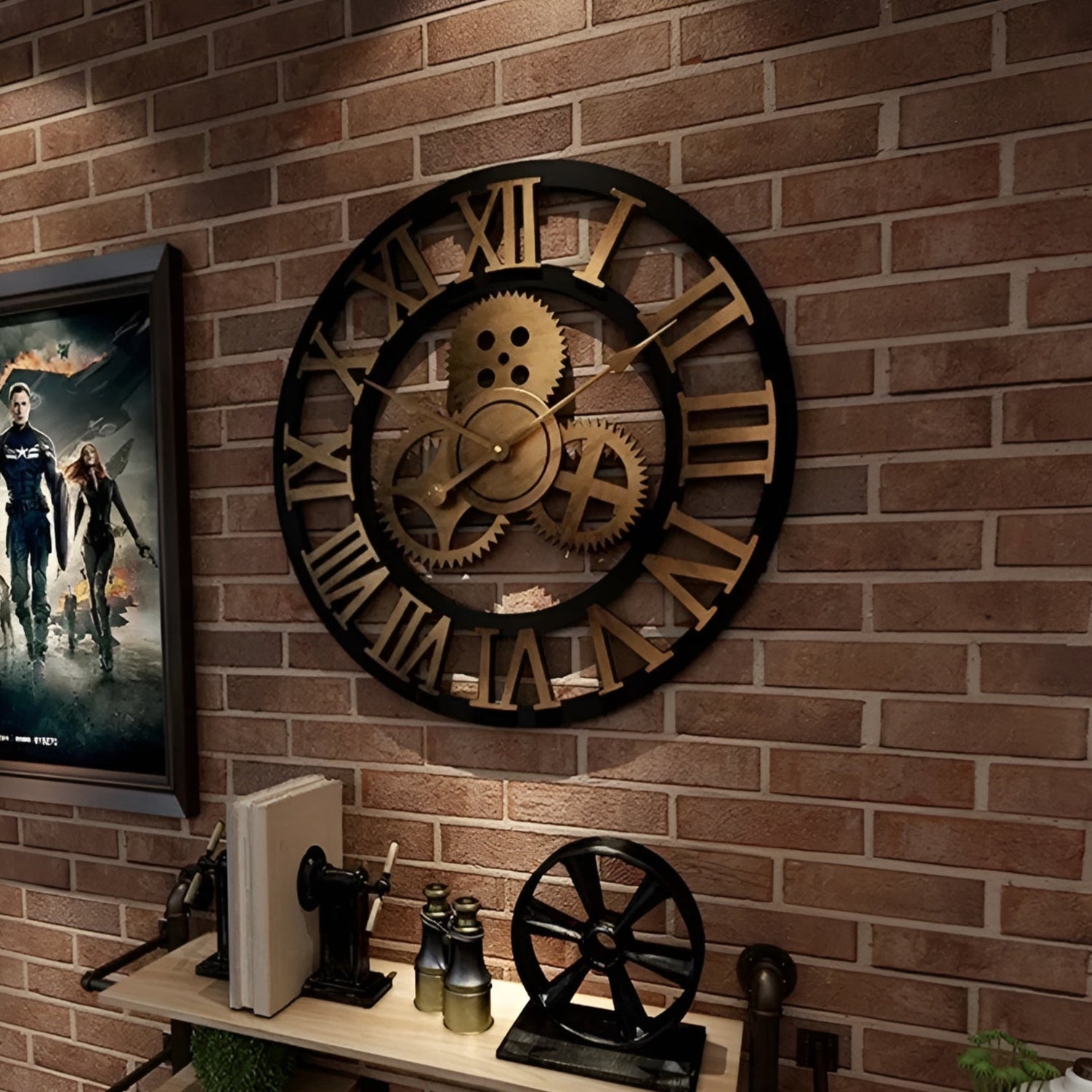Wall Clock Decorative Industrial Style Metal Finish Gear Design