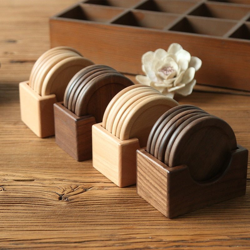 Coaster Set Wood Round Drink Coasters 6 Piece