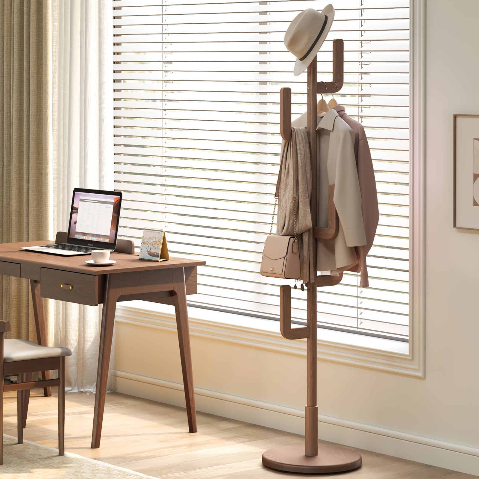 CactusWood: Wooden Coat Rack – modern cactus design, freestanding & multifunctional with adjustable height for jackets & bags