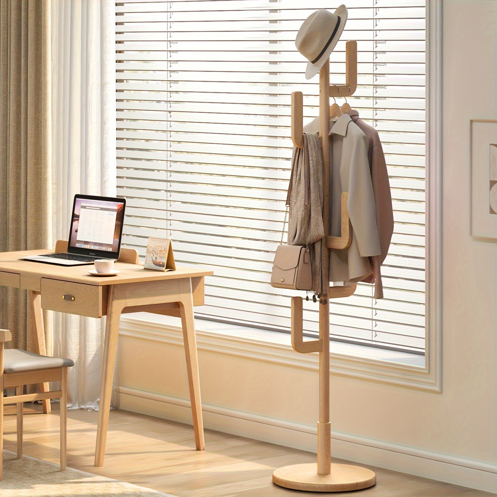 CactusWood: Wooden Coat Rack – modern cactus design, freestanding & multifunctional with adjustable height for jackets & bags