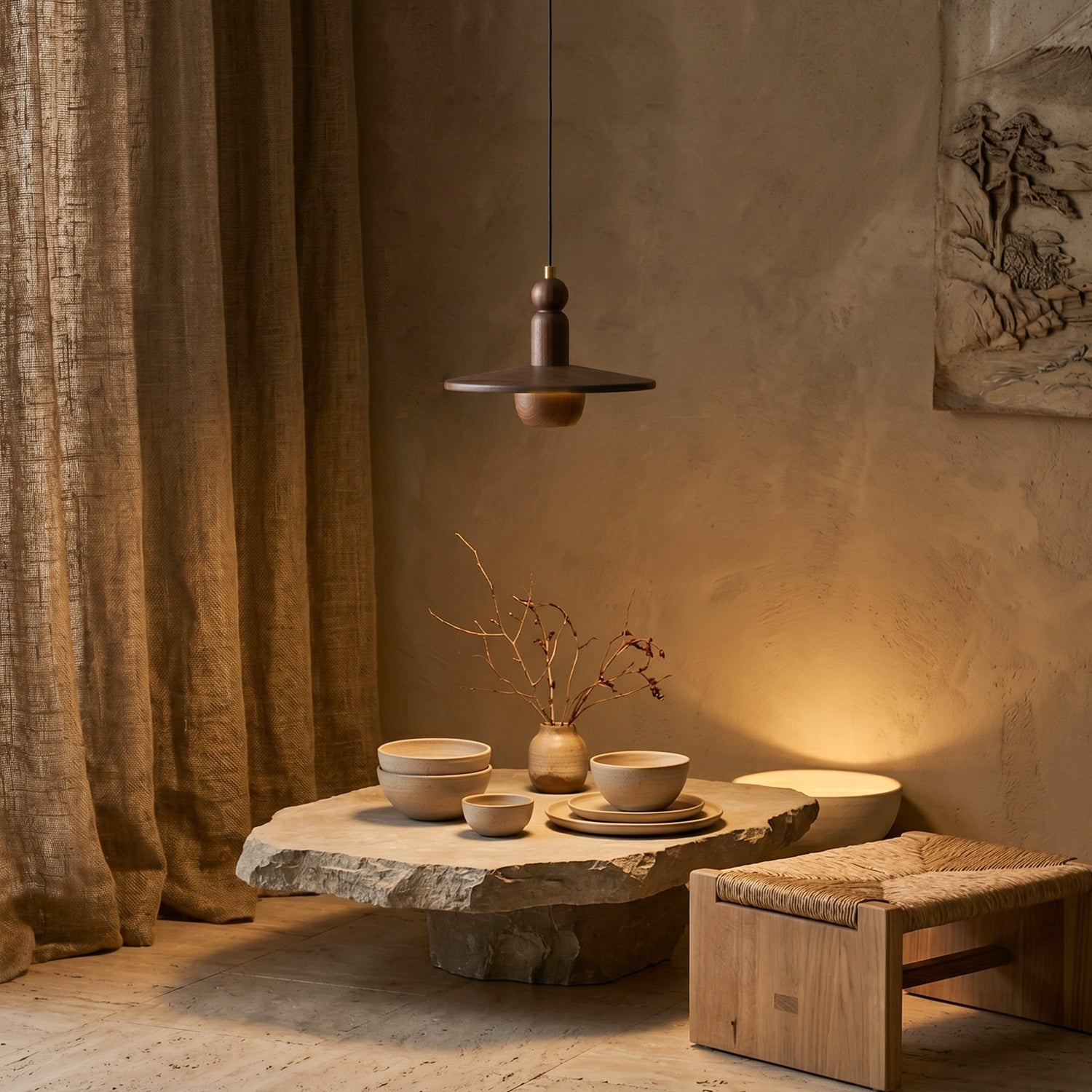 Wood Disc Down-Light Pendant Lamp