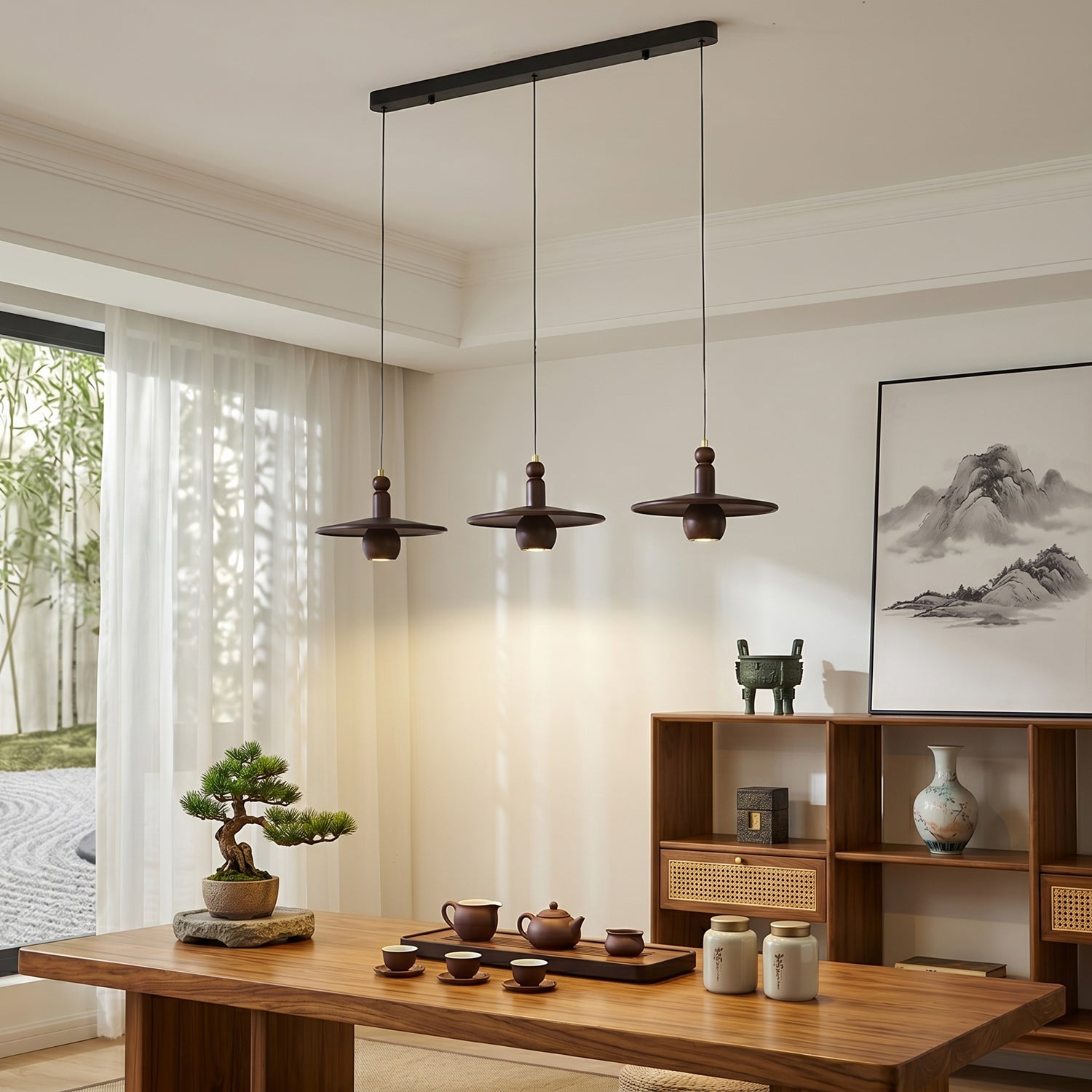 Wood Disc Down-Light Pendant Lamp