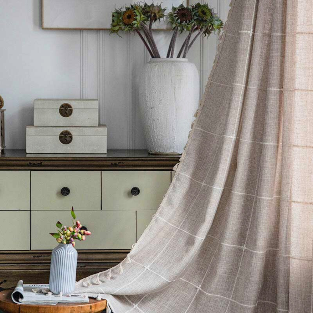 KaroLuxe: Checked Curtain with Tassels – Semi-Transparent & Decorative for Living Room & Bedroom