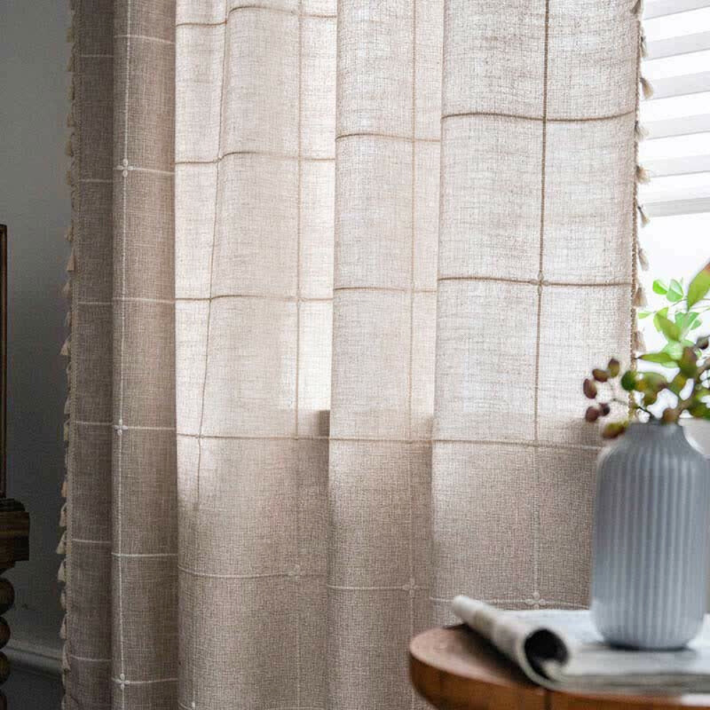 KaroLuxe: Checked Curtain with Tassels – Semi-Transparent & Decorative for Living Room & Bedroom