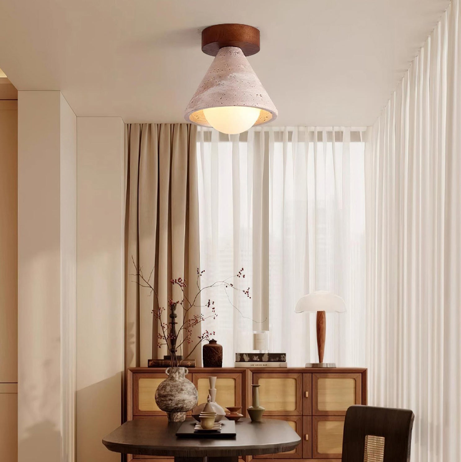 Travertine & Walnut Flush Ceiling Light