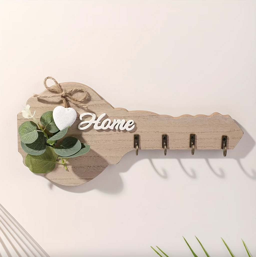 Wall Mounted Key Holder Composite Wood 4 Antique Style Hooks Decorative Front Panel