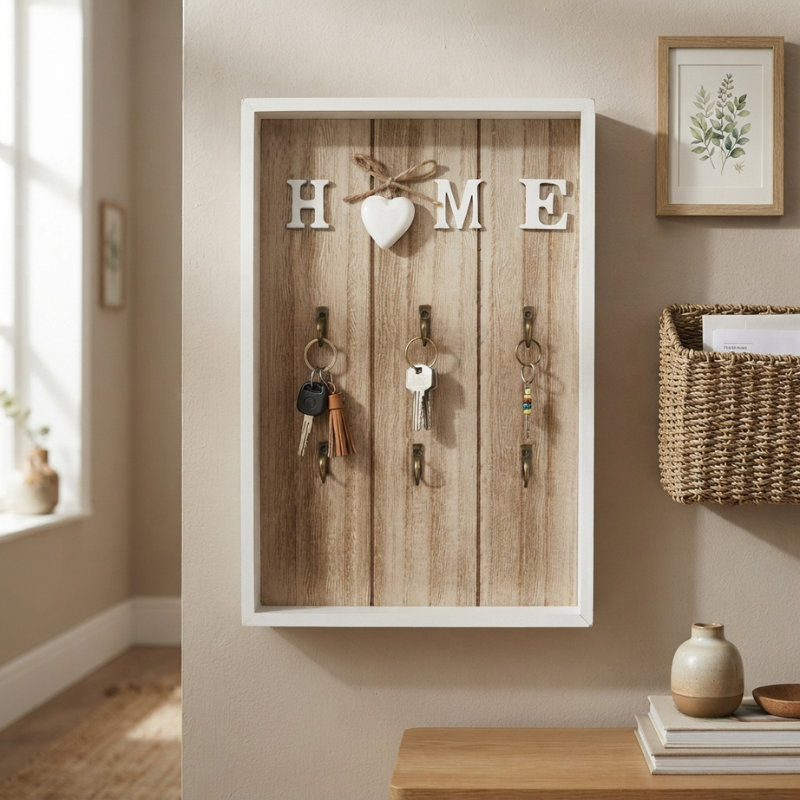 Wall Mounted Key Holder Decorative Home Entryway Organizer Natural Finish