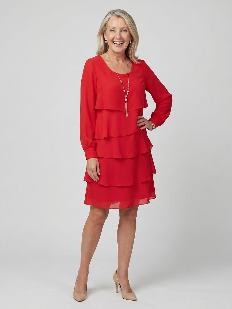 Elegant Layered Dress for Women Long-Sleeve Knee-Length