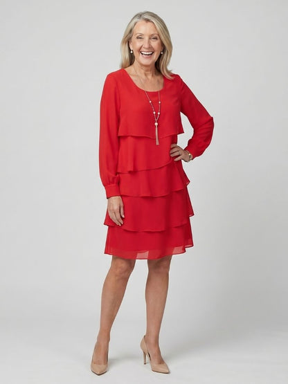 Elegant Layered Dress for Women Long-Sleeve Knee-Length