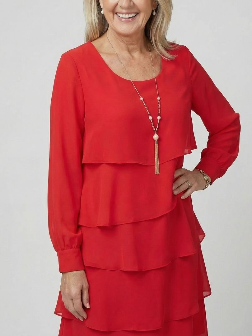 Elegant Layered Dress for Women Long-Sleeve Knee-Length
