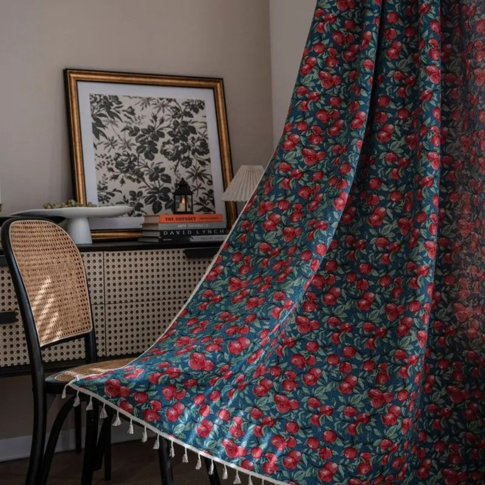 Cherry Blossom: Curtain with Floral Pattern & Tassels – Decorative in Vintage Style for Living Room
