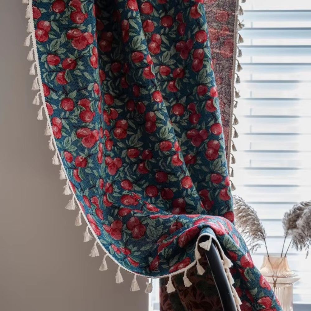 Cherry Blossom: Curtain with Floral Pattern & Tassels – Decorative in Vintage Style for Living Room