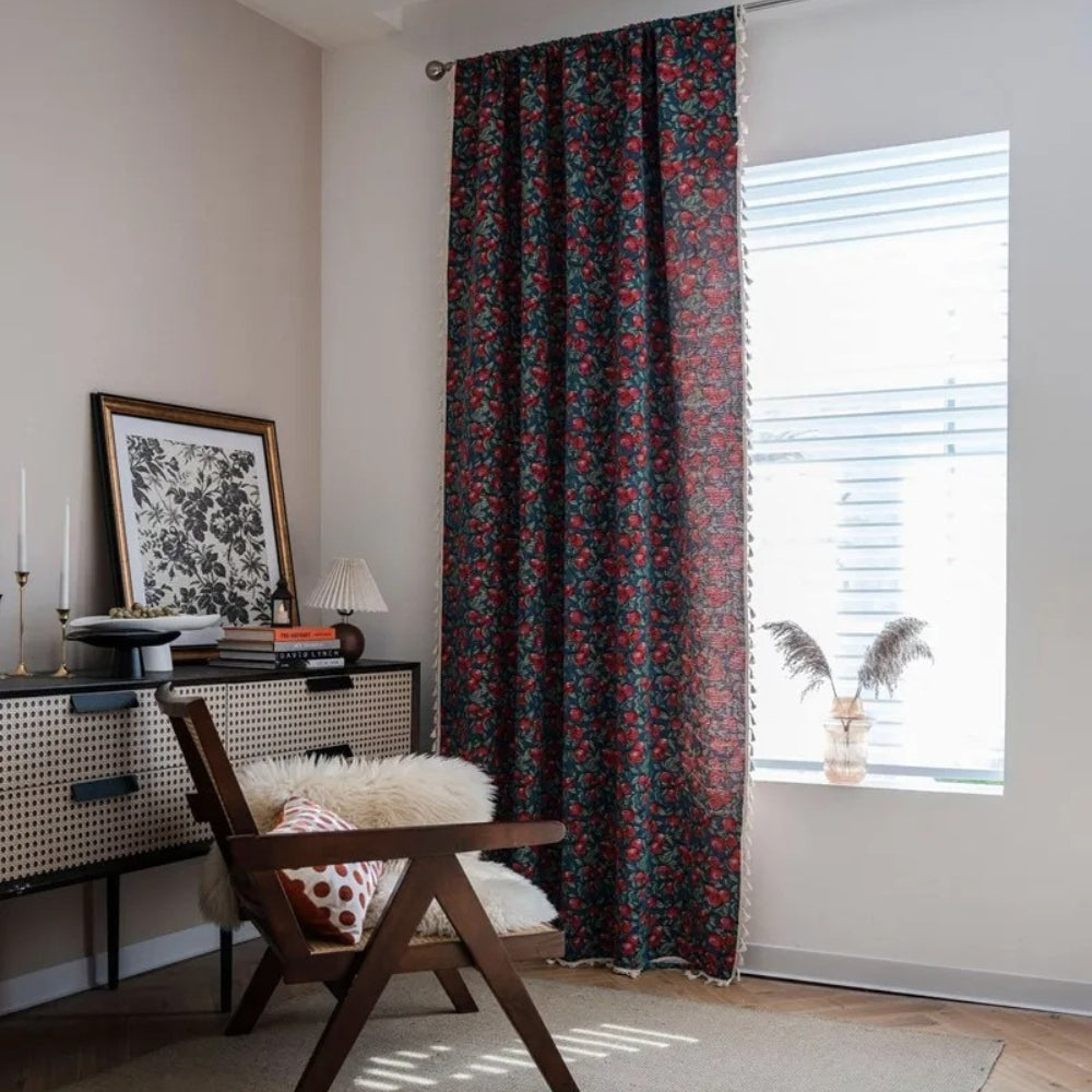 Cherry Blossom: Curtain with Floral Pattern & Tassels – Decorative in Vintage Style for Living Room