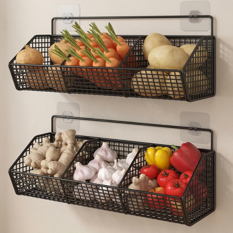 Kitchen Storage Basket Carbon Steel Wall Mounted Stylish Organizer