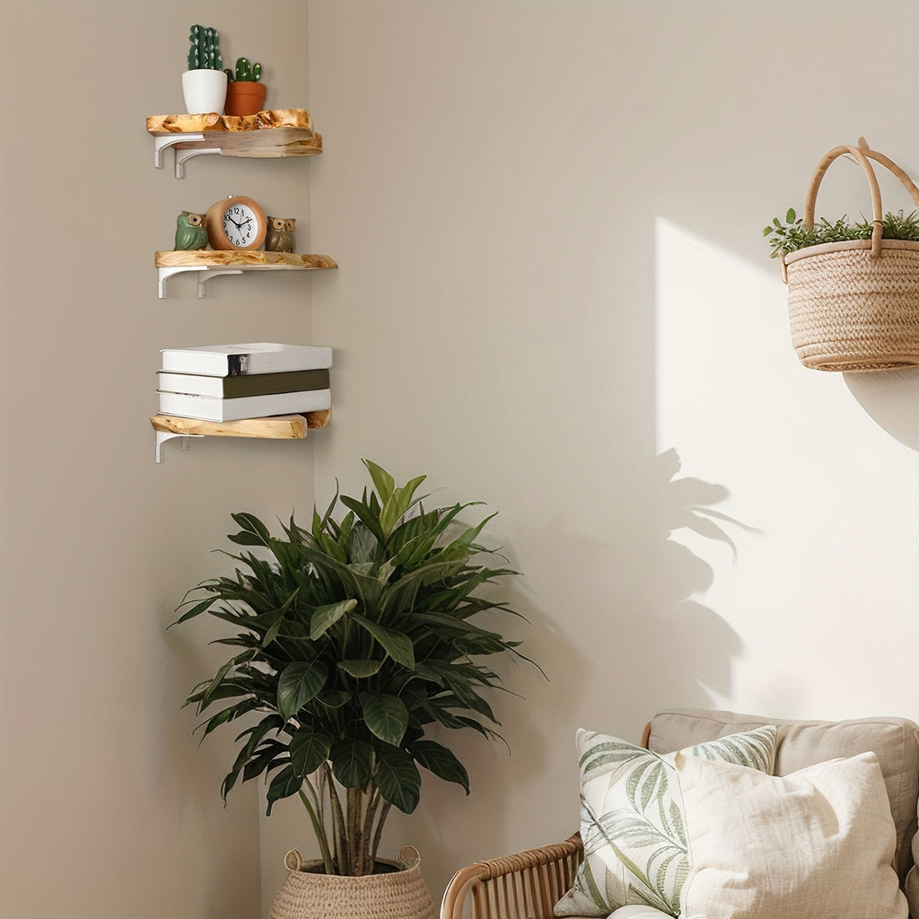 KlassischeAkzent: Wooden Wall Shelves – Set of 3, Space-Saving & Floating in Modern Style for Living Room & Bathroom