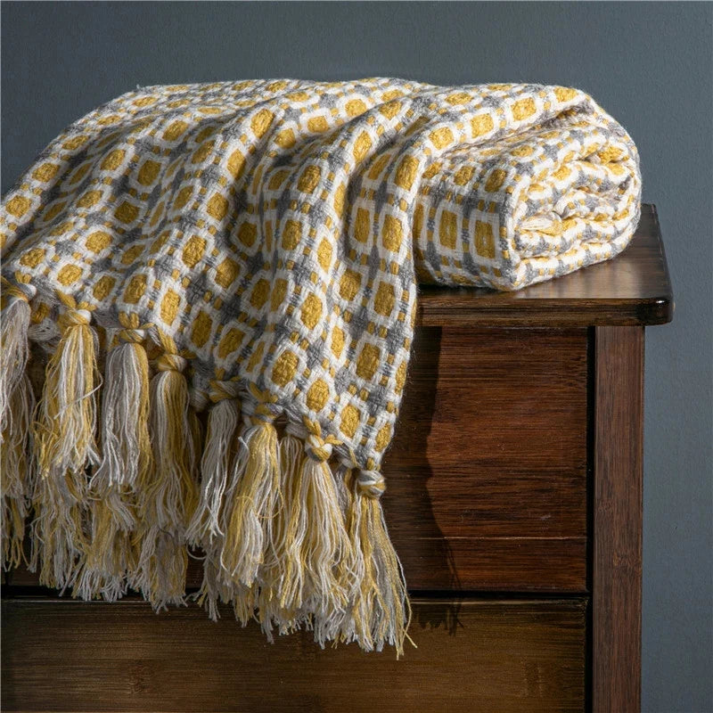 Throw Blanket Acrylic Fiber Knit, Geometric Pattern, Tassel Fringe