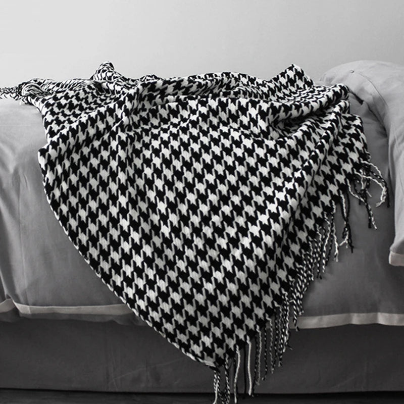 Throw Blanket Acrylic Fiber Knit, Geometric Pattern, Tassel Fringe