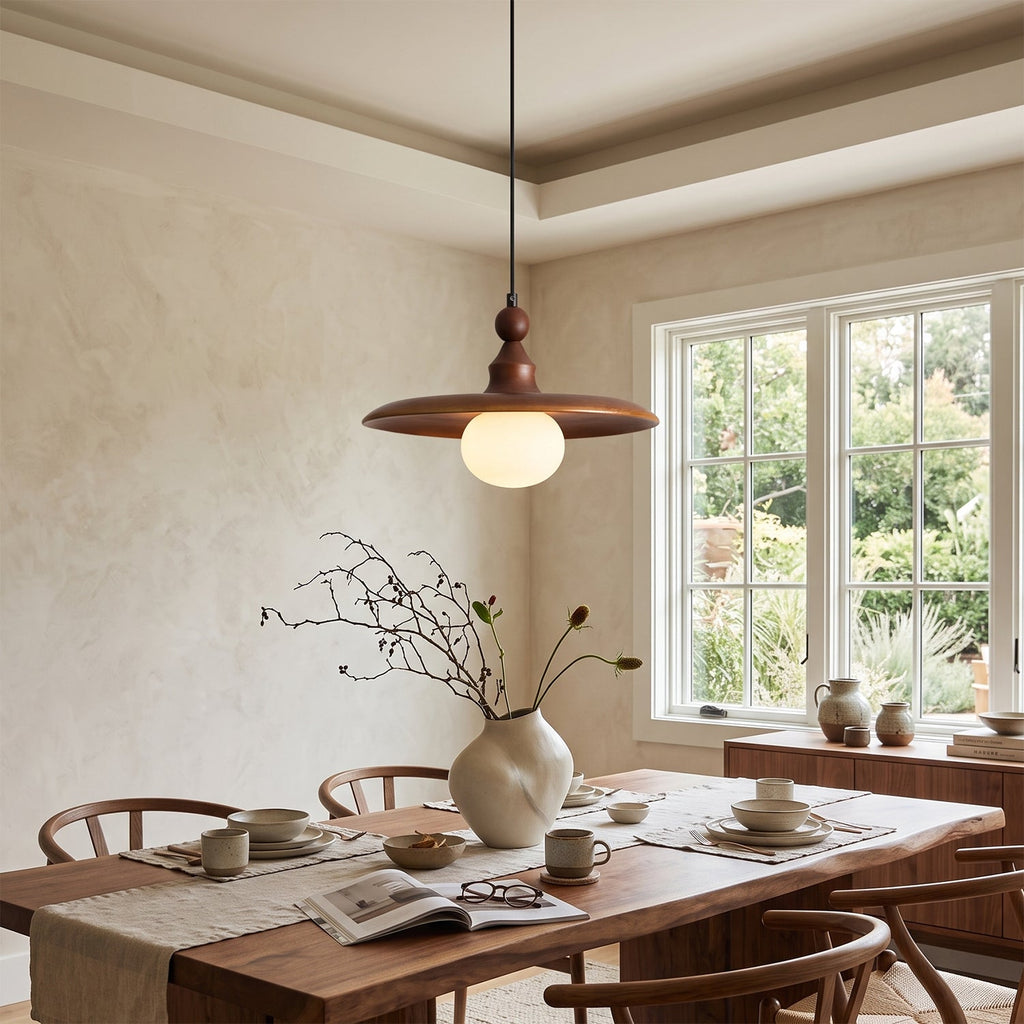 Frosted Globe & Wood Saucer Pendant Light