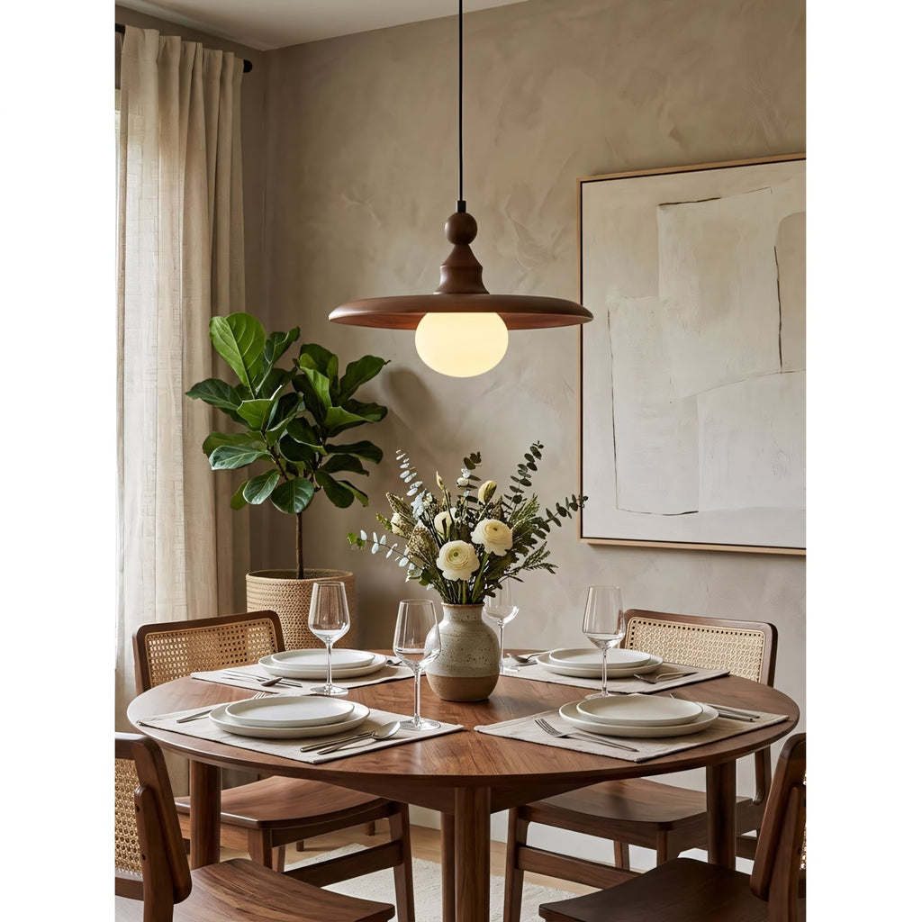 Frosted Globe & Wood Saucer Pendant Light