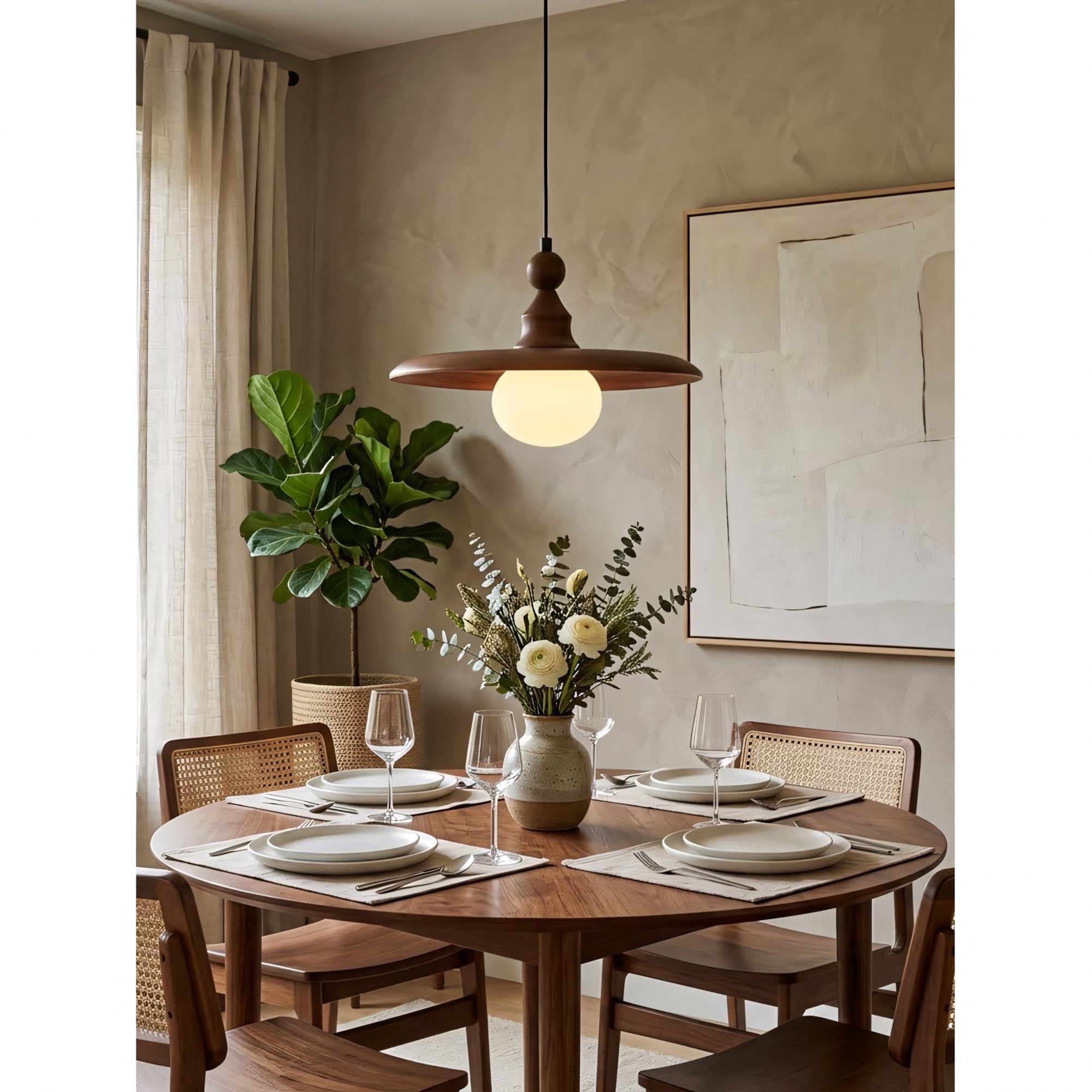 Frosted Globe & Wood Saucer Pendant Light