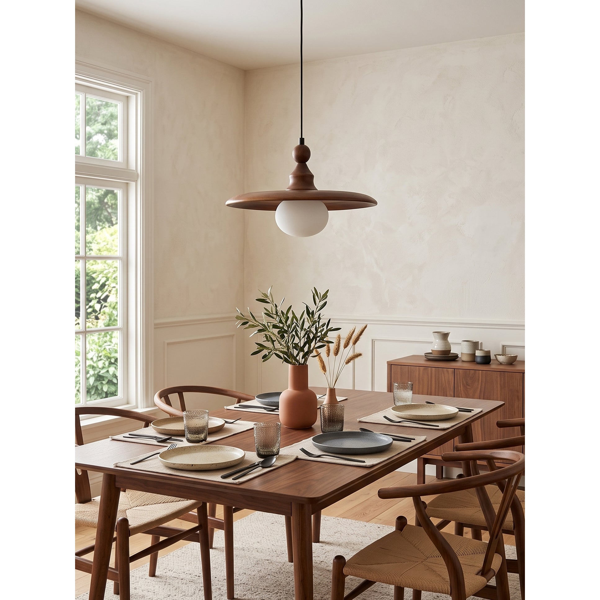 Frosted Globe & Wood Saucer Pendant Light