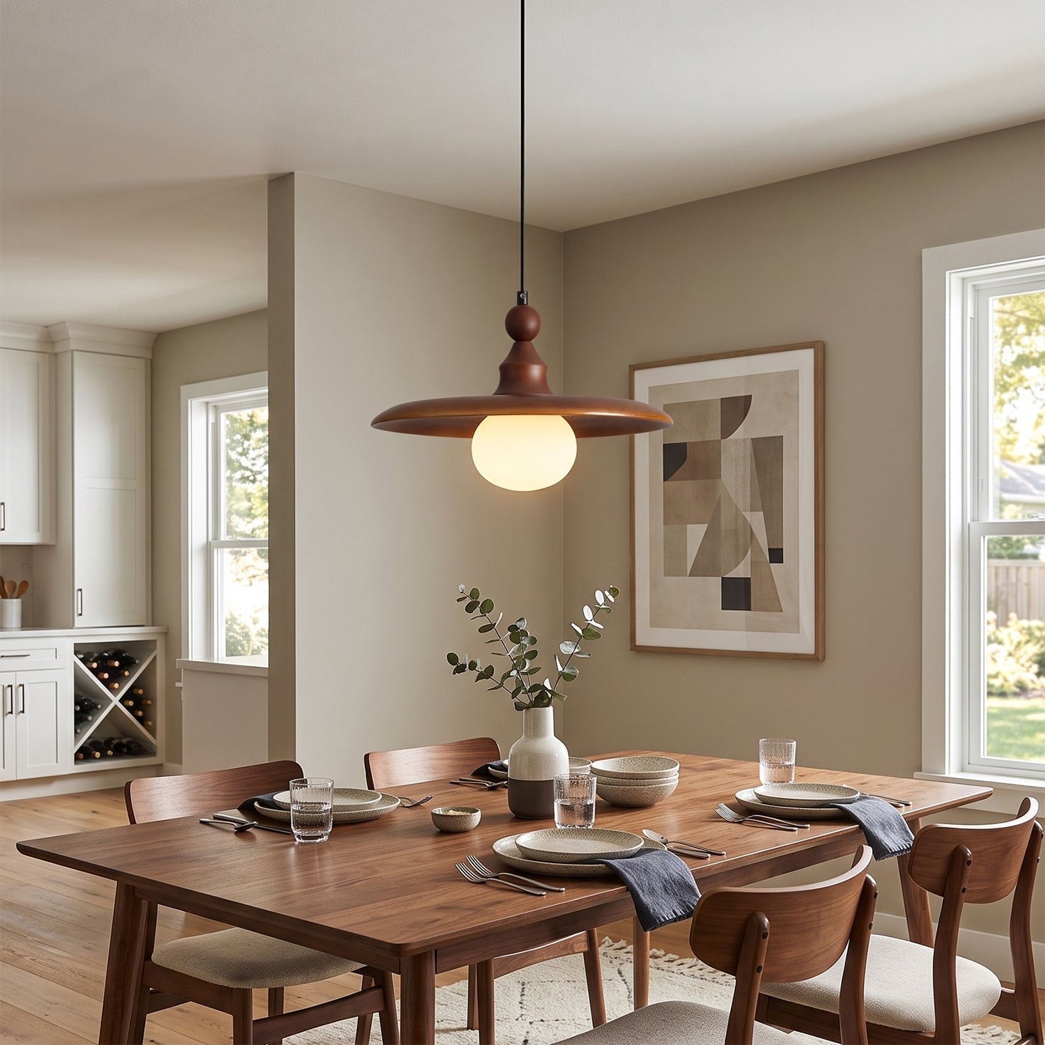 Frosted Globe & Wood Saucer Pendant Light