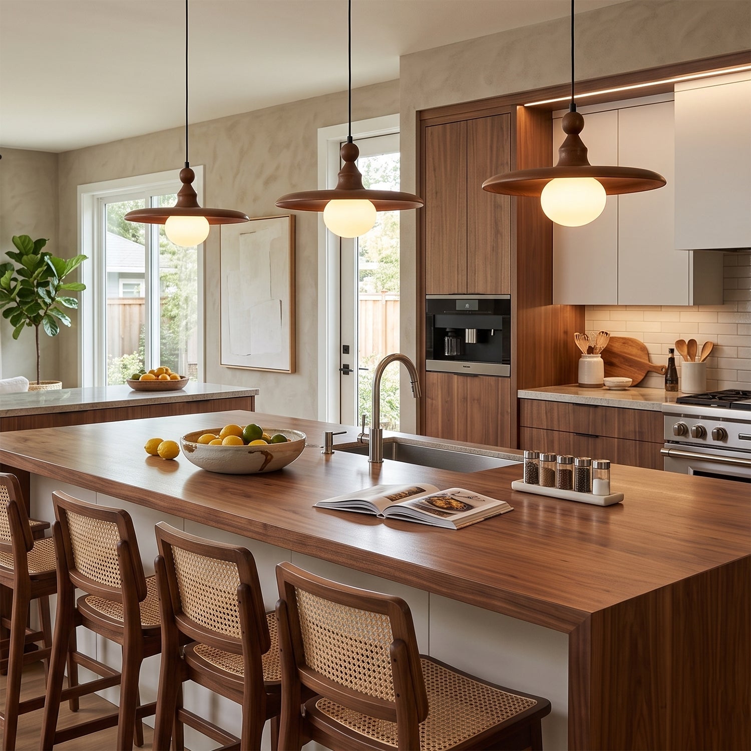 Frosted Globe & Wood Saucer Pendant Light