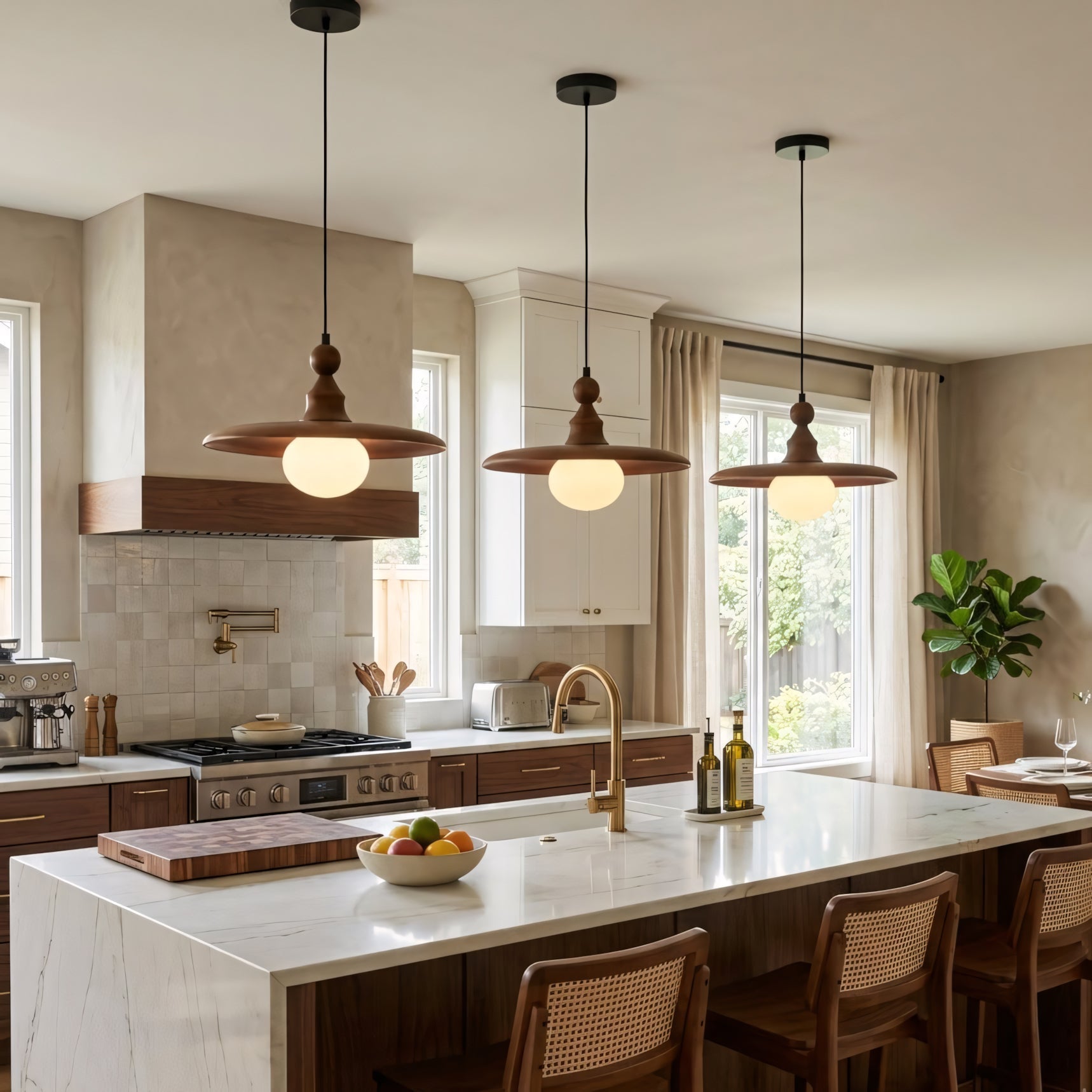 Frosted Globe & Wood Saucer Pendant Light