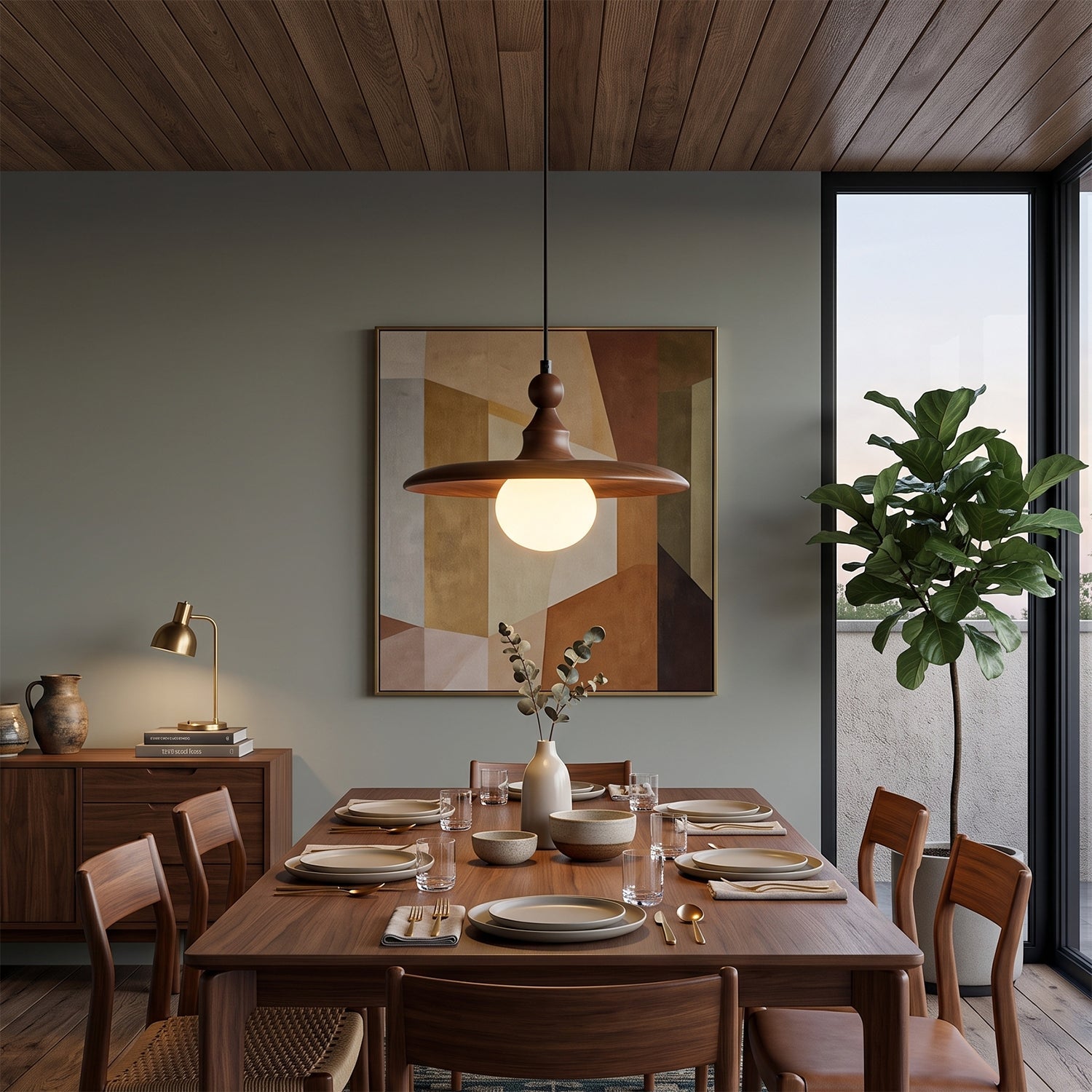 Frosted Globe & Wood Saucer Pendant Light