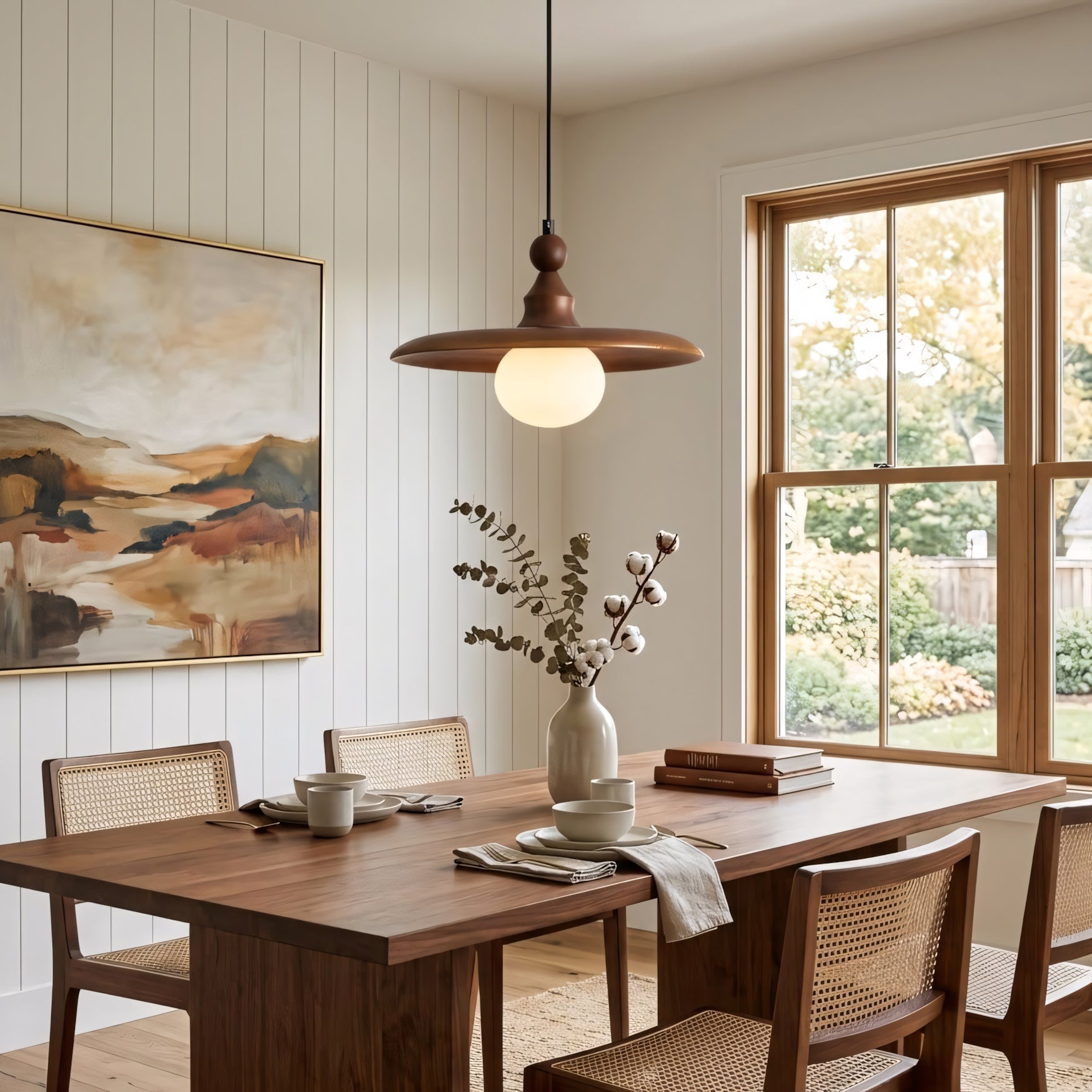 Frosted Globe & Wood Saucer Pendant Light