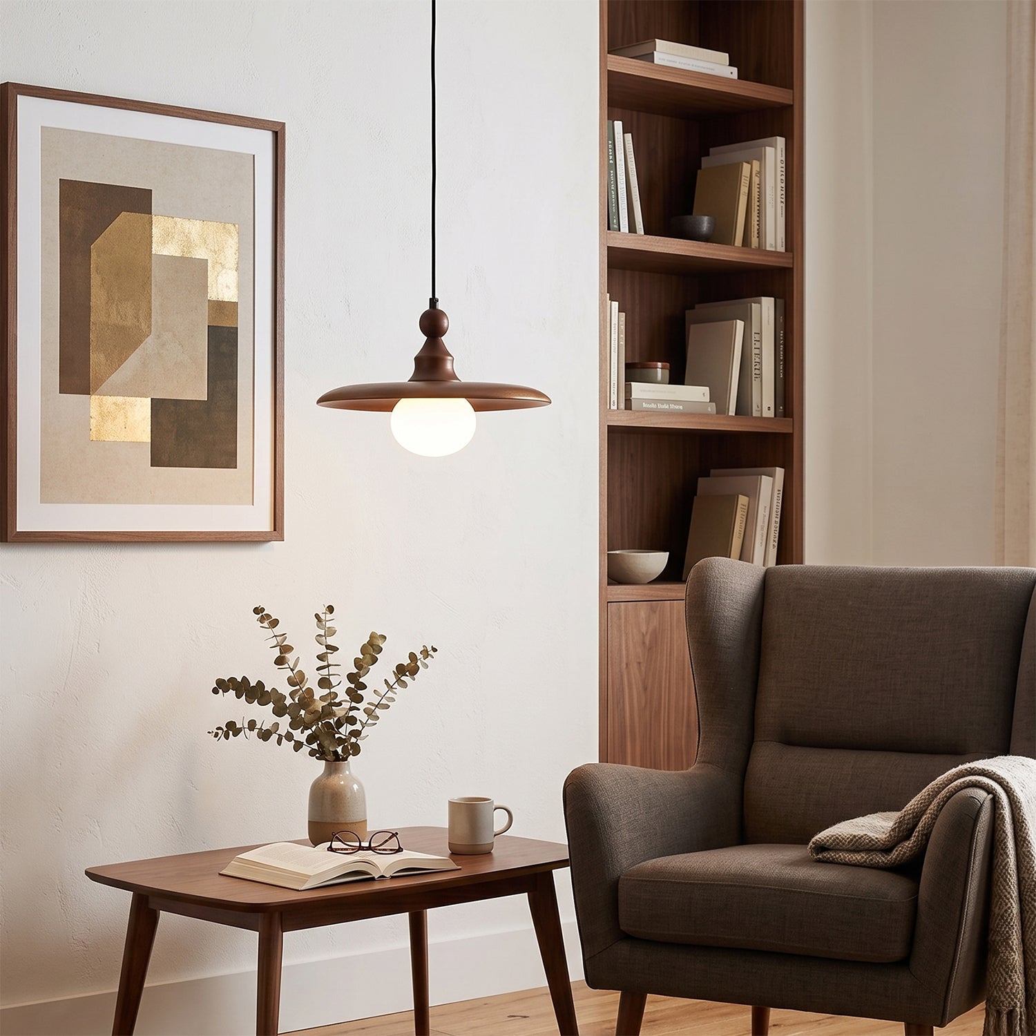 Frosted Globe & Wood Saucer Pendant Light