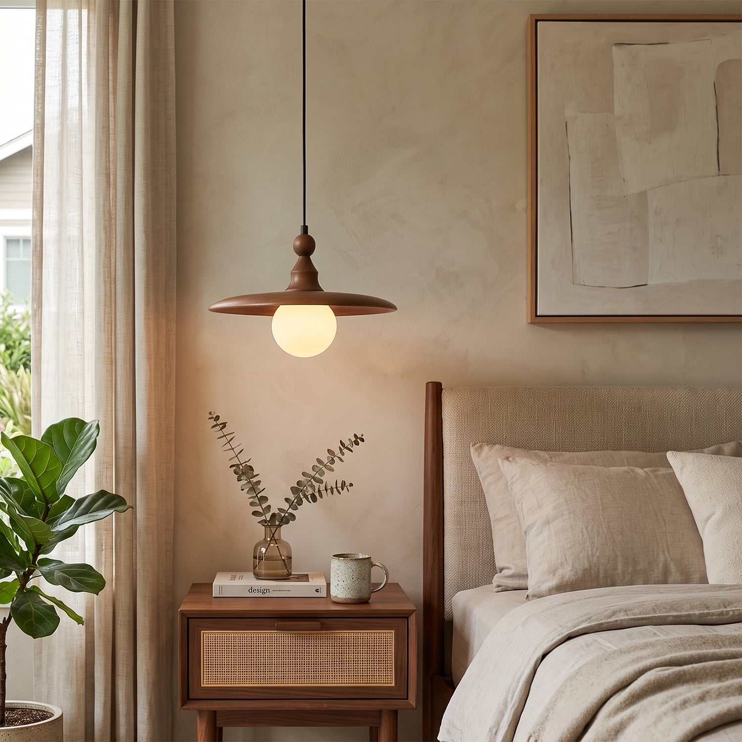 Frosted Globe & Wood Saucer Pendant Light